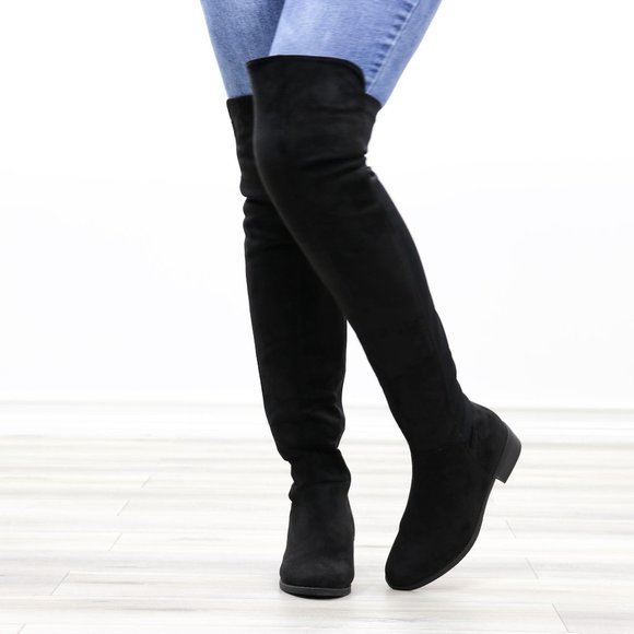 Thigh High Suede & Stretchy Material Low Heel Boot - Picture 11 of 14